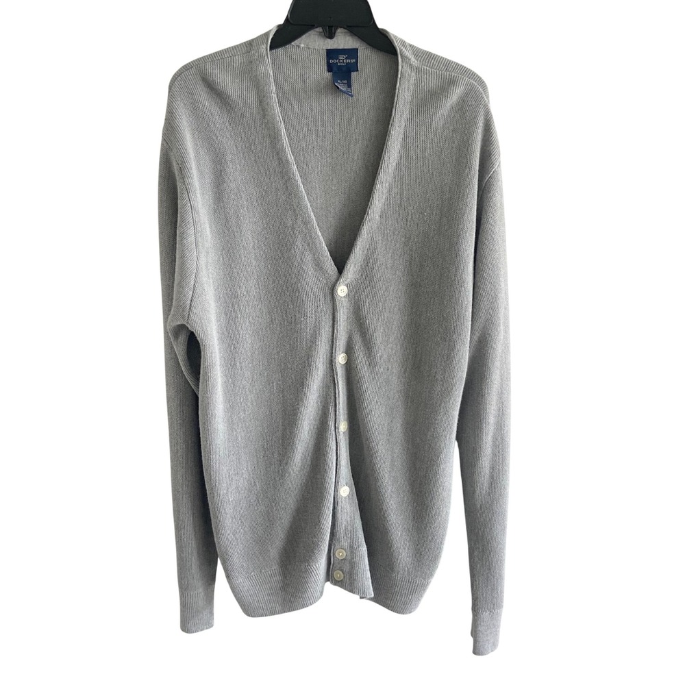 Dockers Golf Mens XL Gray V-Neck Button Front Knit Cardigan Sweater Long Sleeve